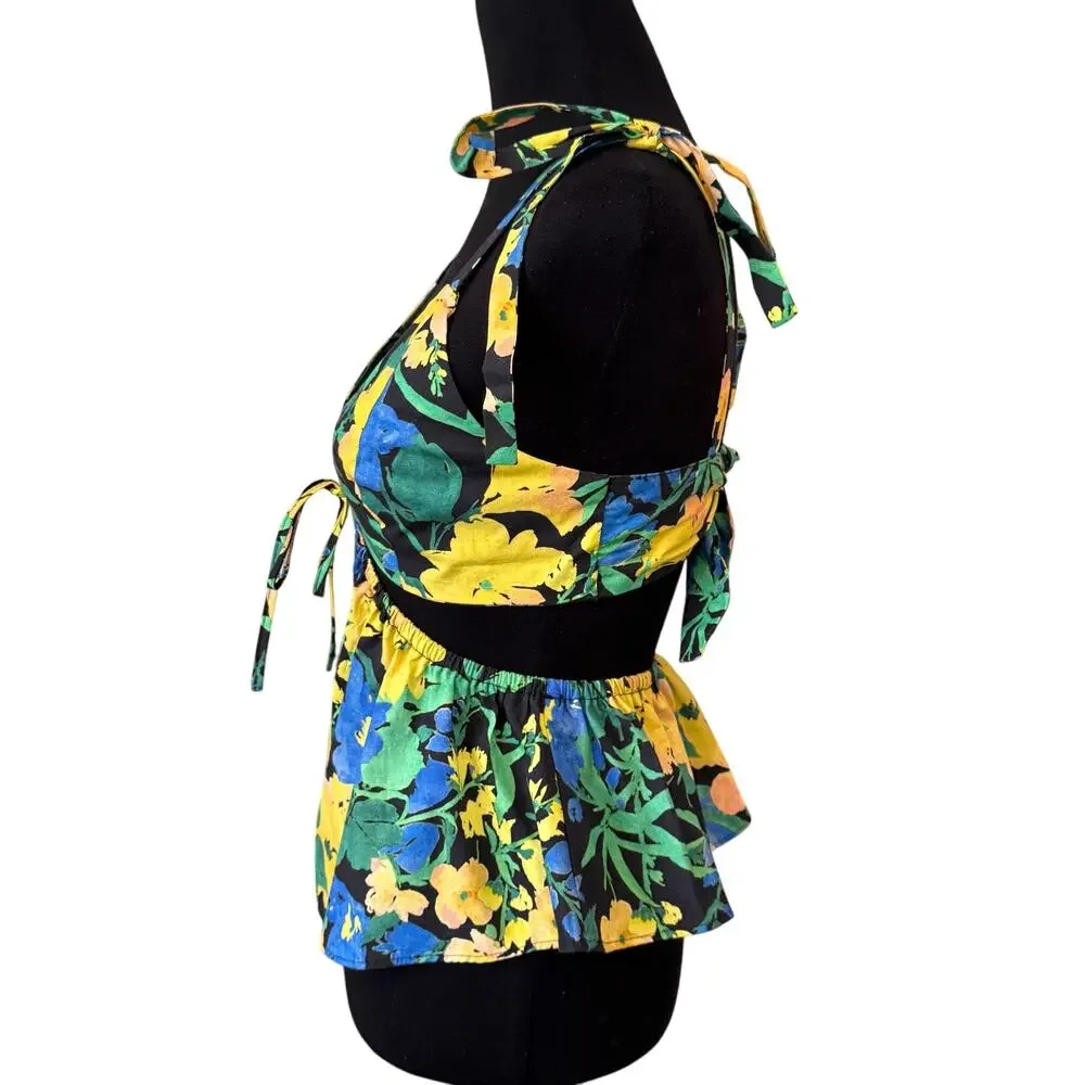 New TOPSHOP NORDSTROM Multicolor Floral Cutout Peplum Camisole 100% Cotton 4